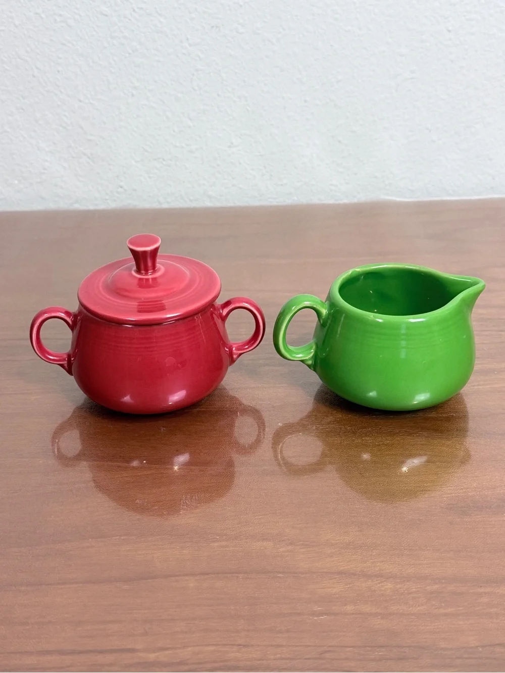 Fiesta HLC Red Sugar Bowl with Lid & Green Creamer